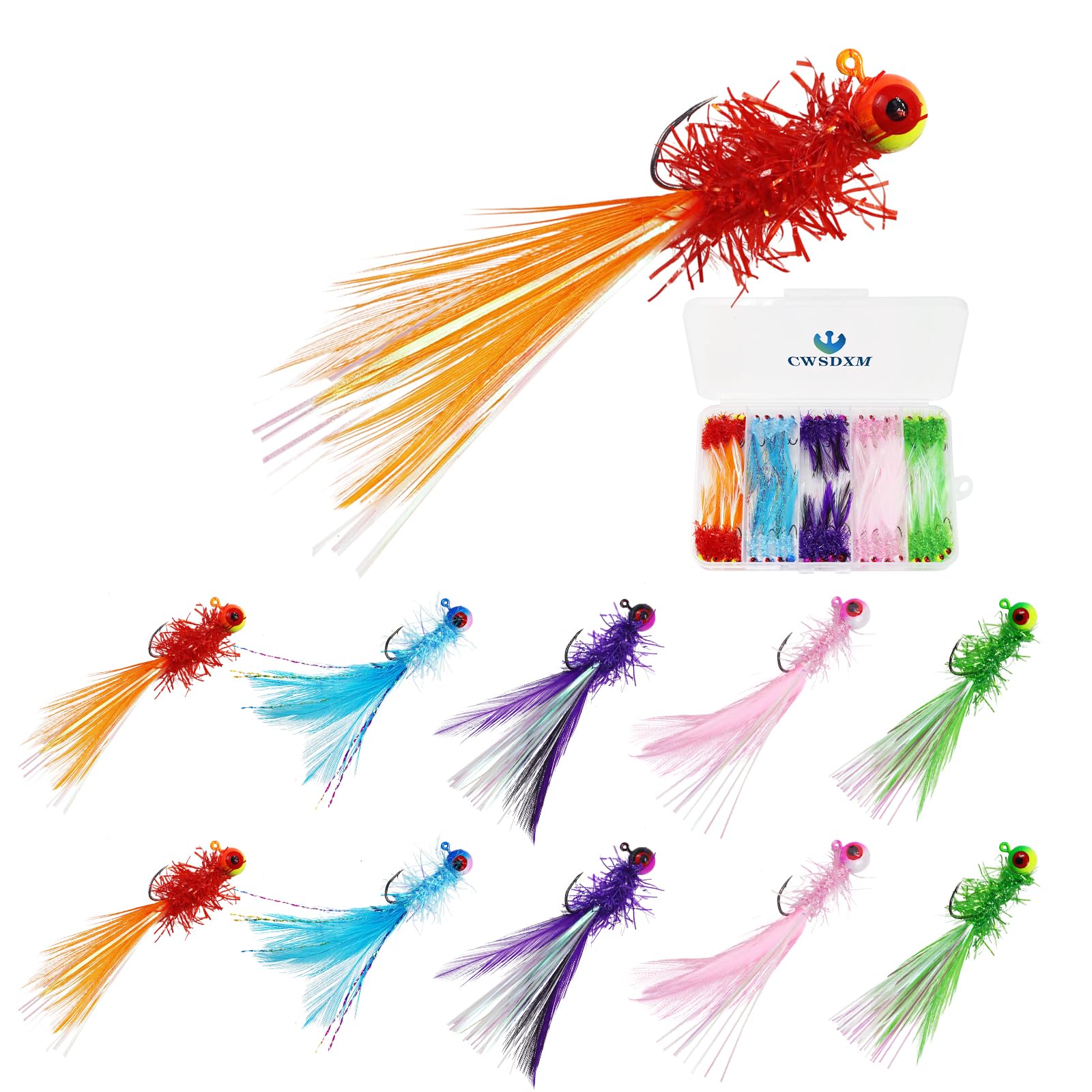 CWSDXM Crappie Jigs with hand-tied marabou hair in multiple colors