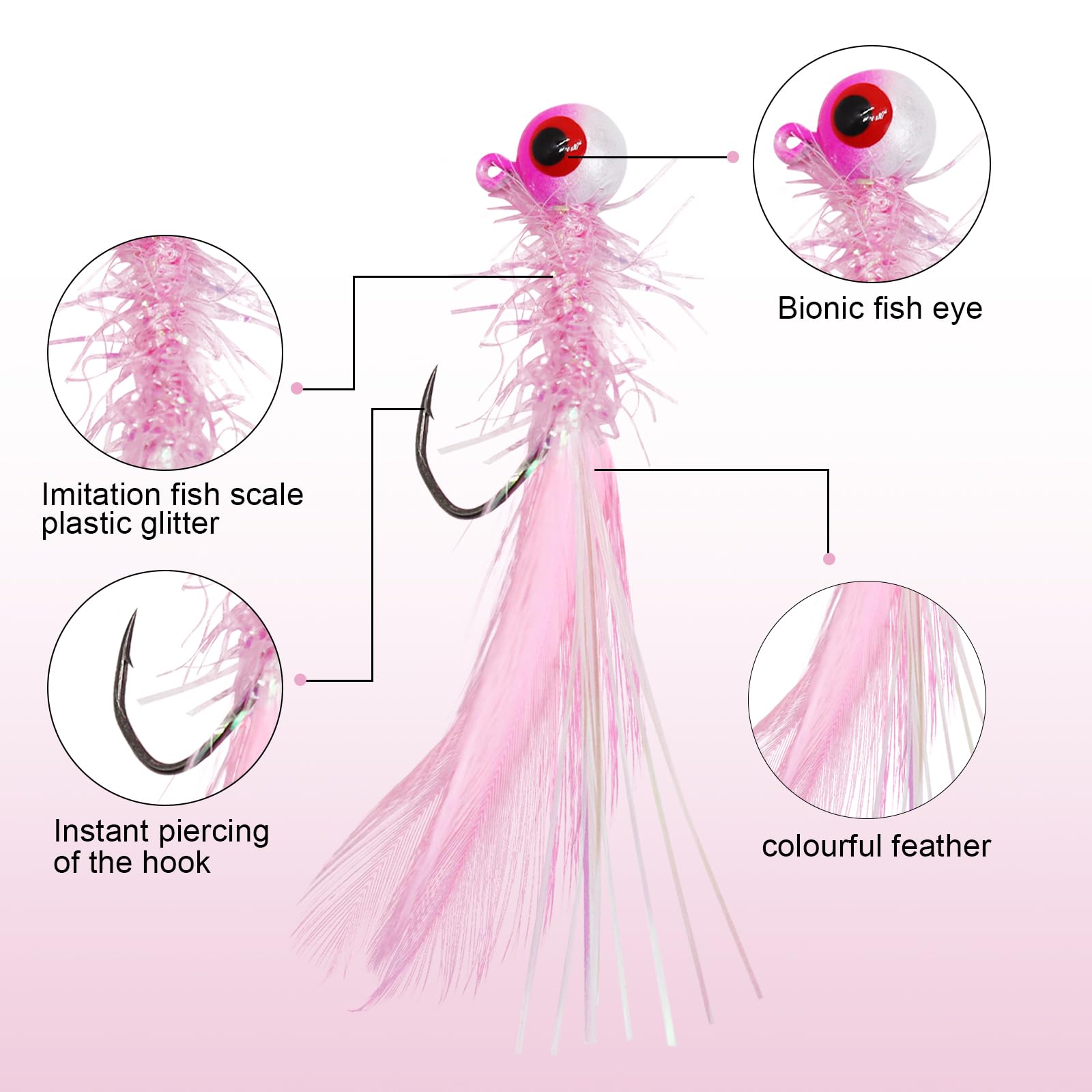 Close-up of marabou feather jig with painted head and sharp hook