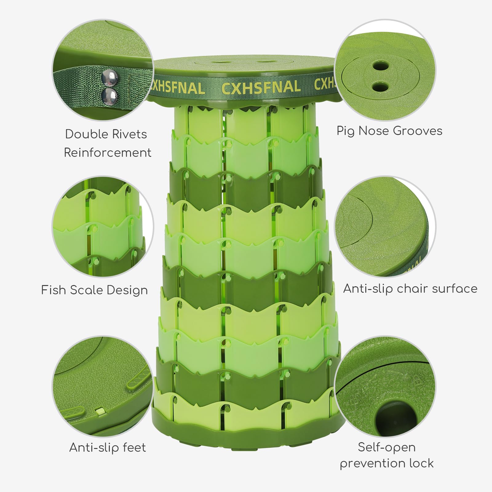 CXHSFNAL collapsible stool with shoulder strap for secure hands-free transport.