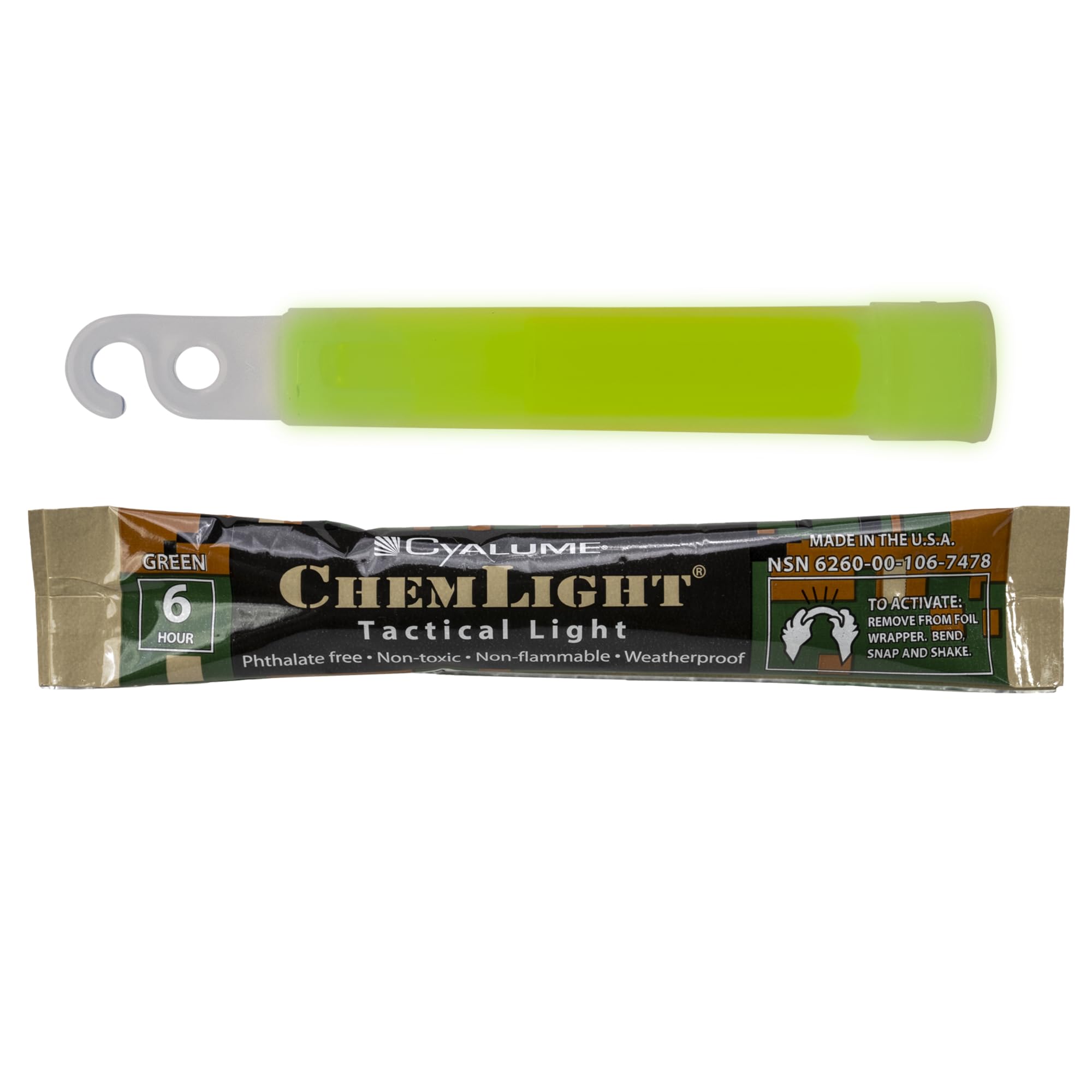 Cyalume Chemlight with hook top for easy hanging and linking.