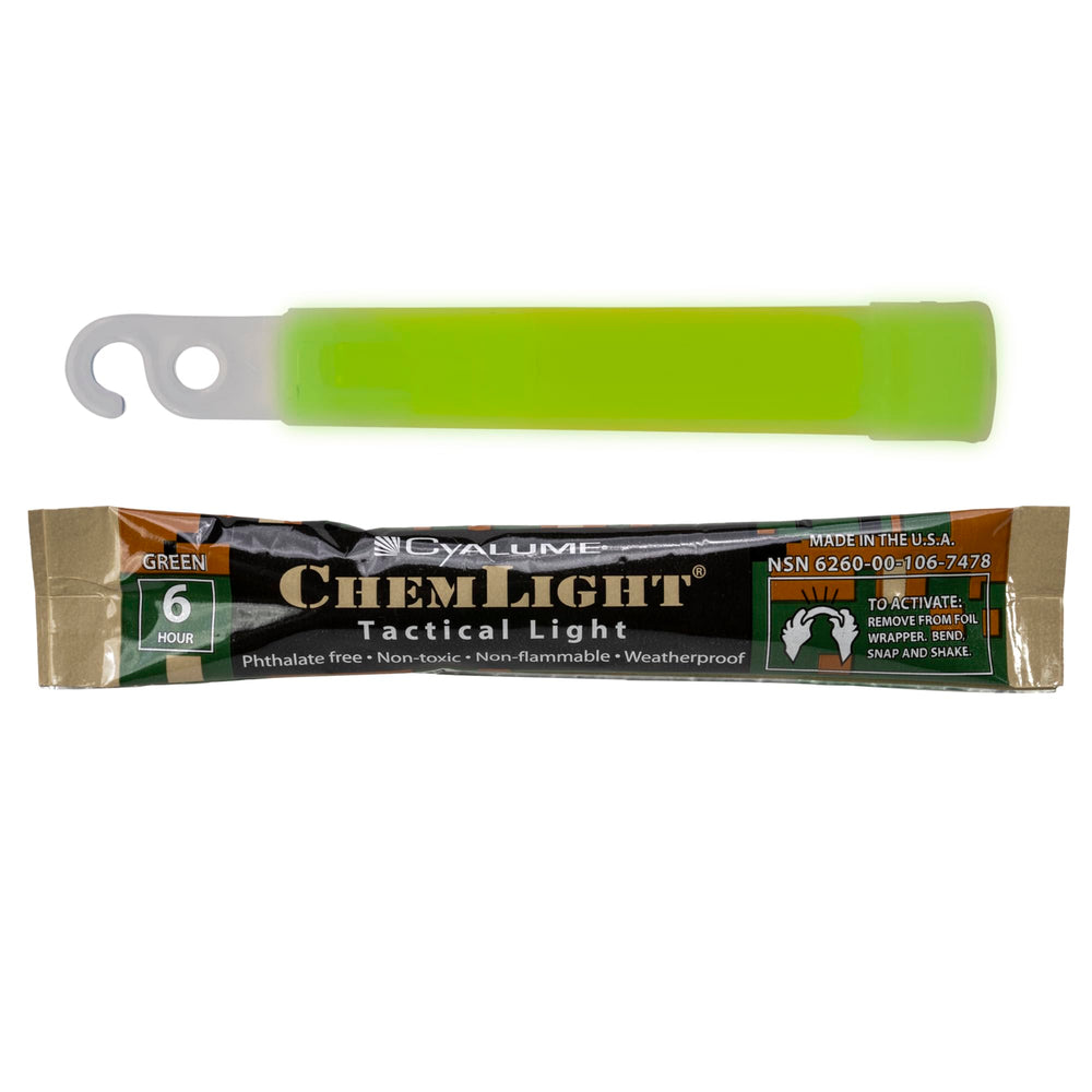 Cyalume Chemlight with hook top for easy hanging and linking.