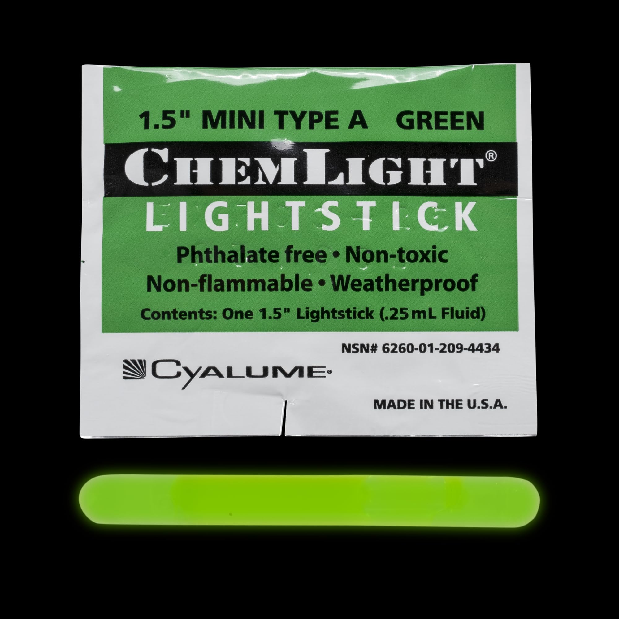 Cyalume ChemLight mini light stick activated, delivering fast brightness in darkness.