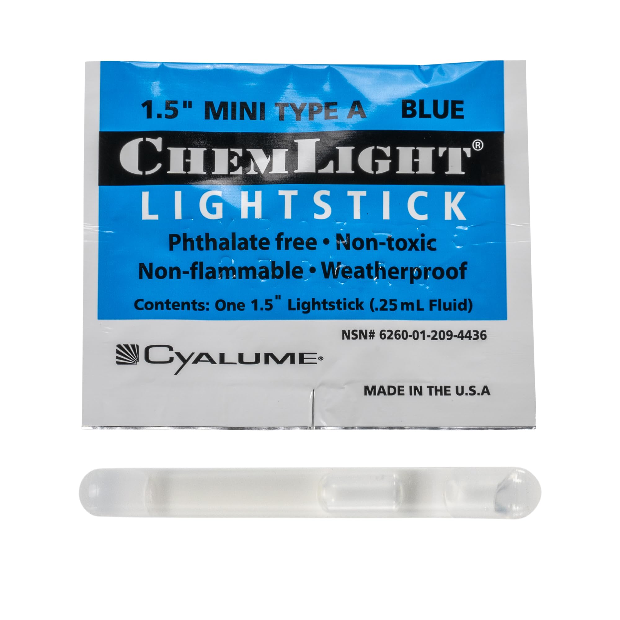 Cyalume Mini ChemLight blue activation showing instant illumination.