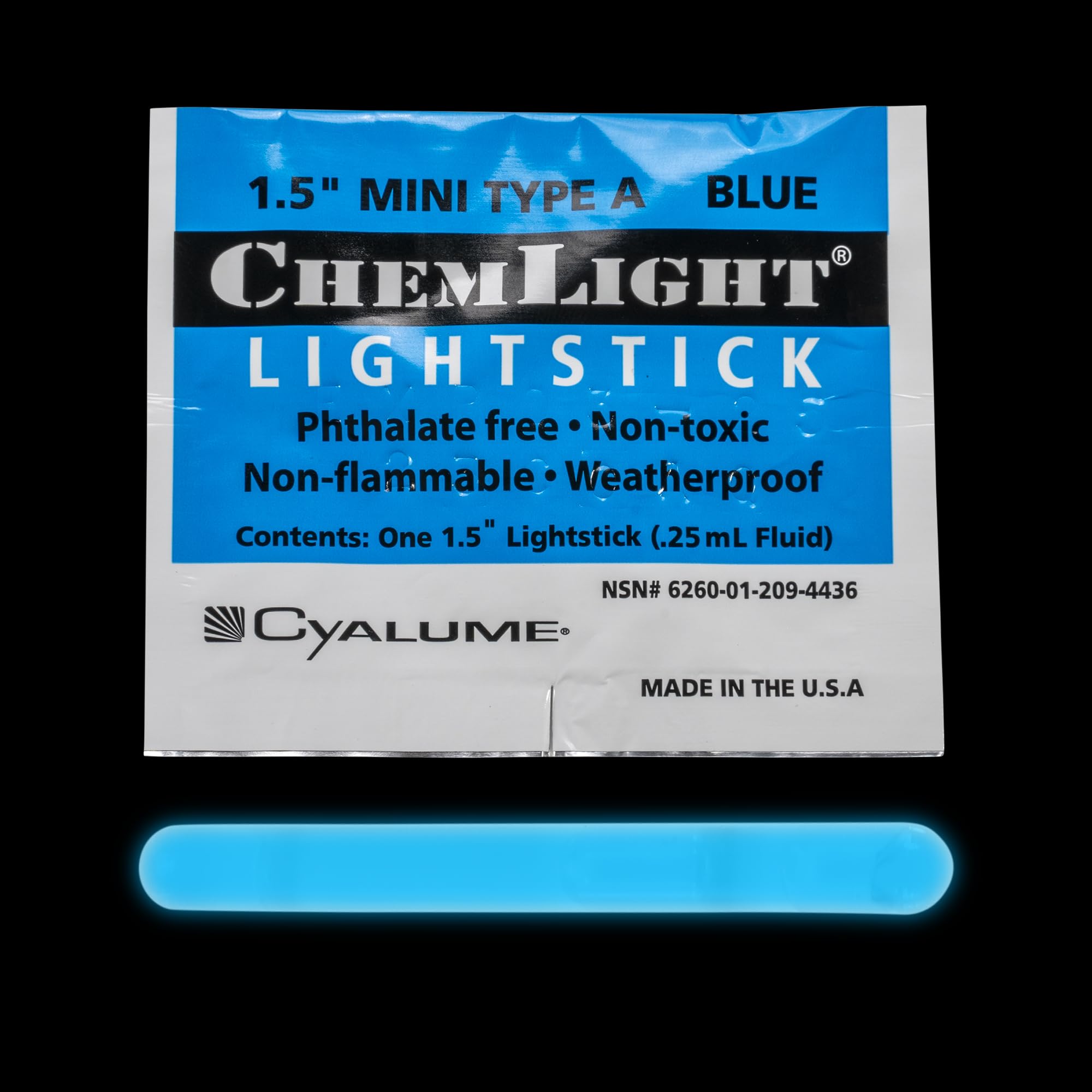 Cyalume Mini ChemLight blue pack50 front view for emergency lighting.