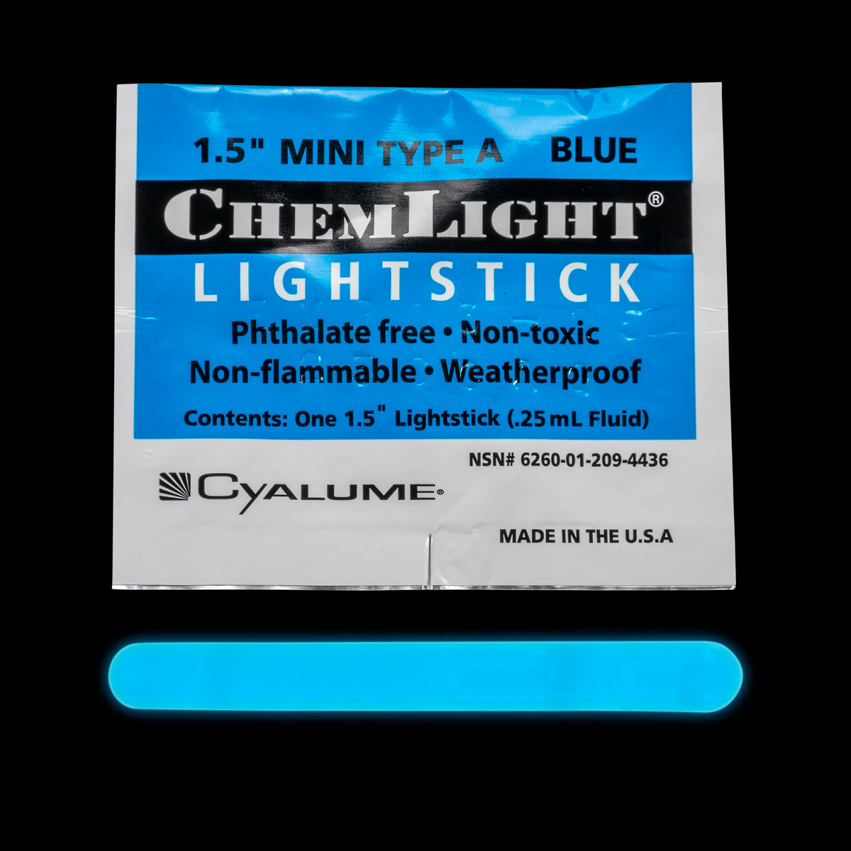 Cyalume Mini ChemLight blue pack50 front view for emergency lighting.