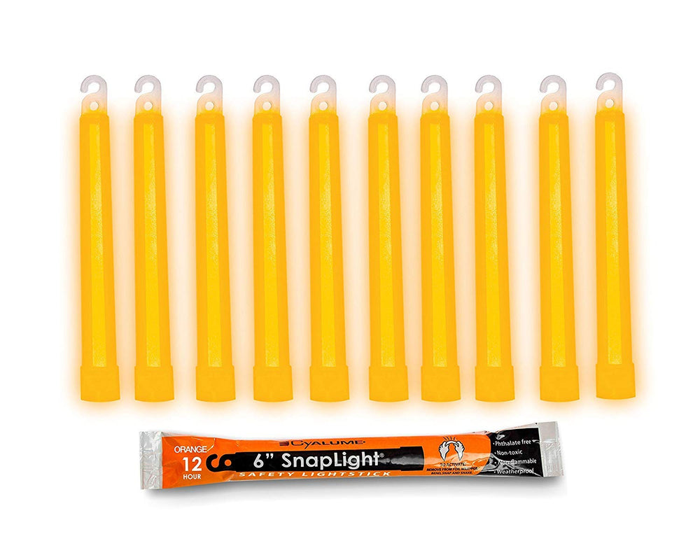 Cyalume SnapLight orange 6-inch glow sticks hanging for reliable hallway or campsite lighting.