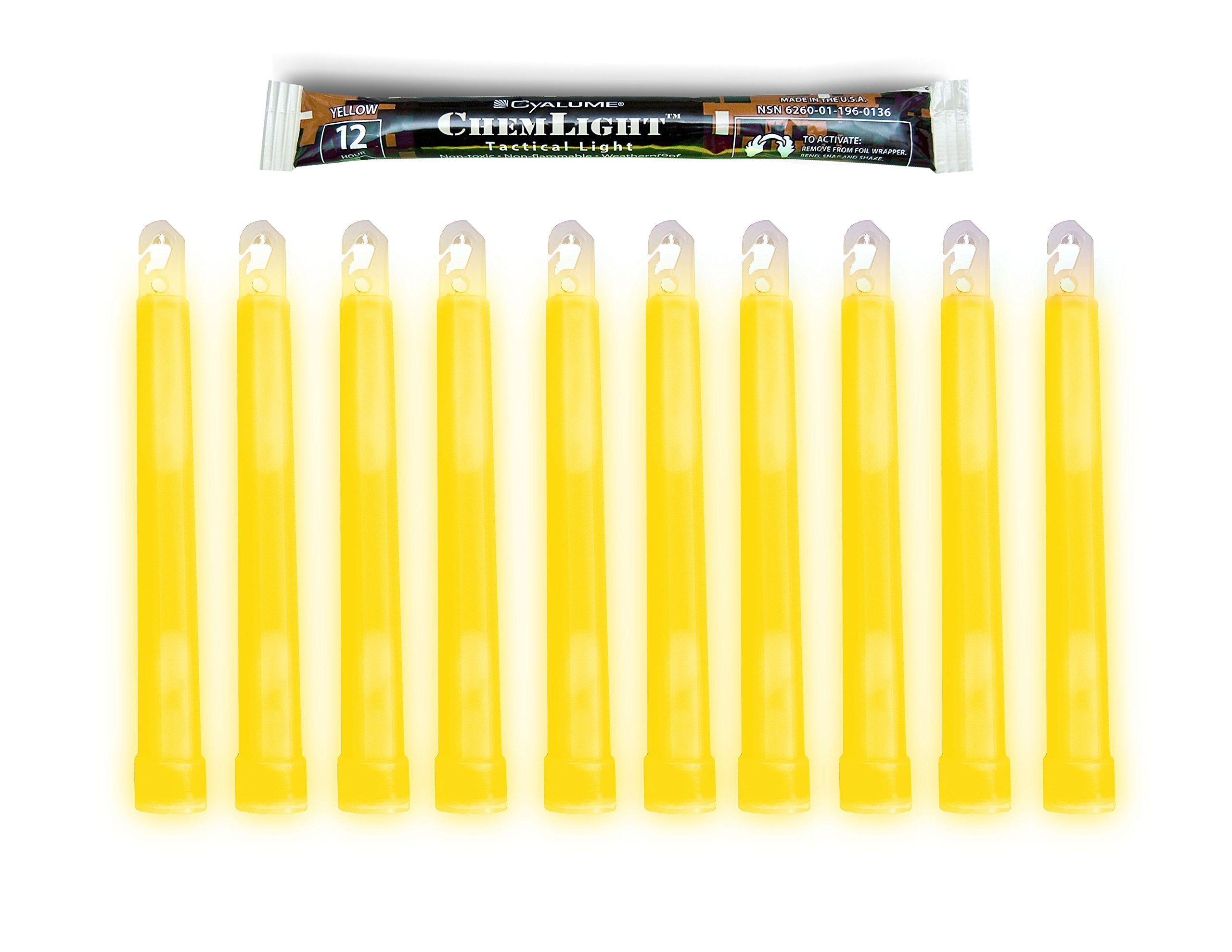 Cyalume yellow 6-inch glow sticks bulk pack for reliable night illumination.