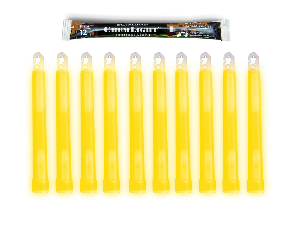 Cyalume yellow 6-inch glow sticks bulk pack for reliable night illumination.