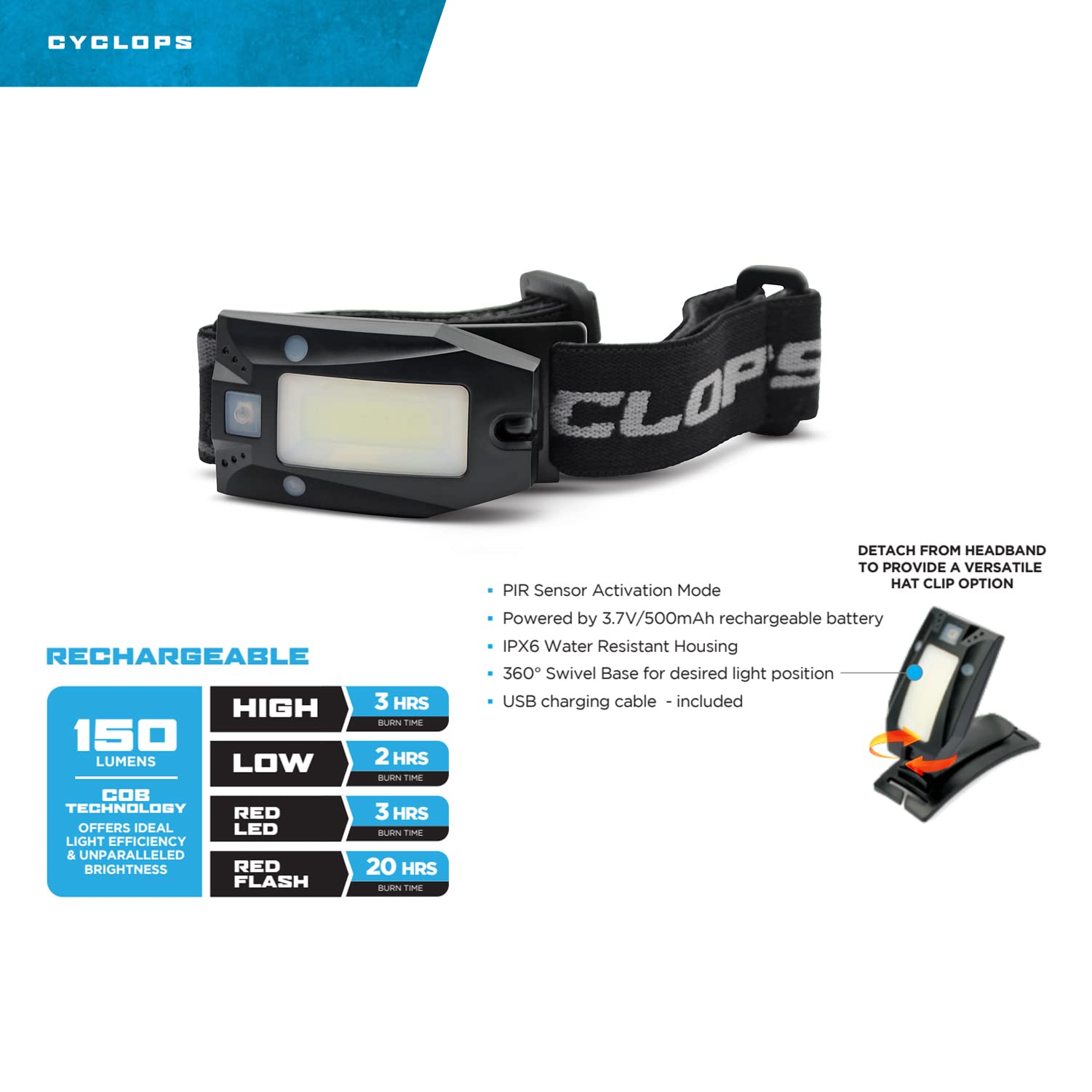 Cyclops 360-degree swivel base shows adjustable light position for versatile indoor or outdoor use.