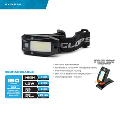 Cyclops 360-degree swivel base shows adjustable light position for versatile indoor or outdoor use.