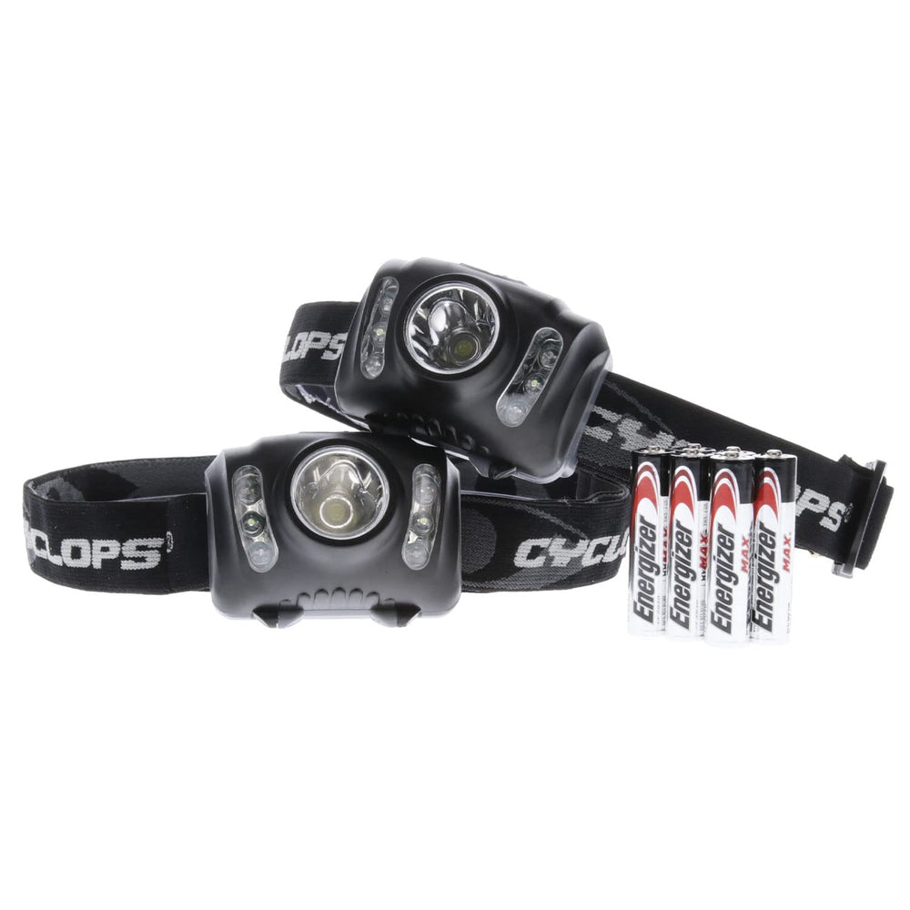 Cyclops headlamp with adjustable stretch band for comfortable all-day wear.