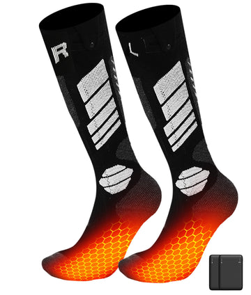 CYCYHEAT heated socks on snowy slope provide knee-high warmth for skiing and outdoor adventures.