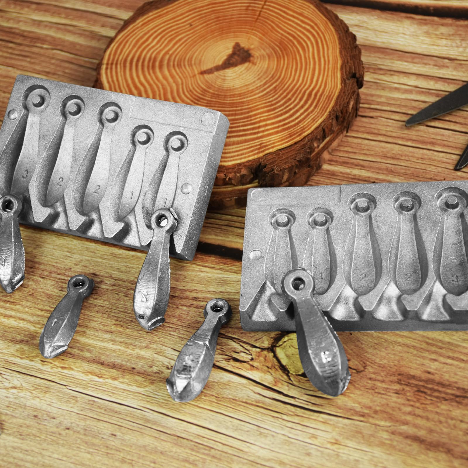 Finished fishing sinkers produced by the mold