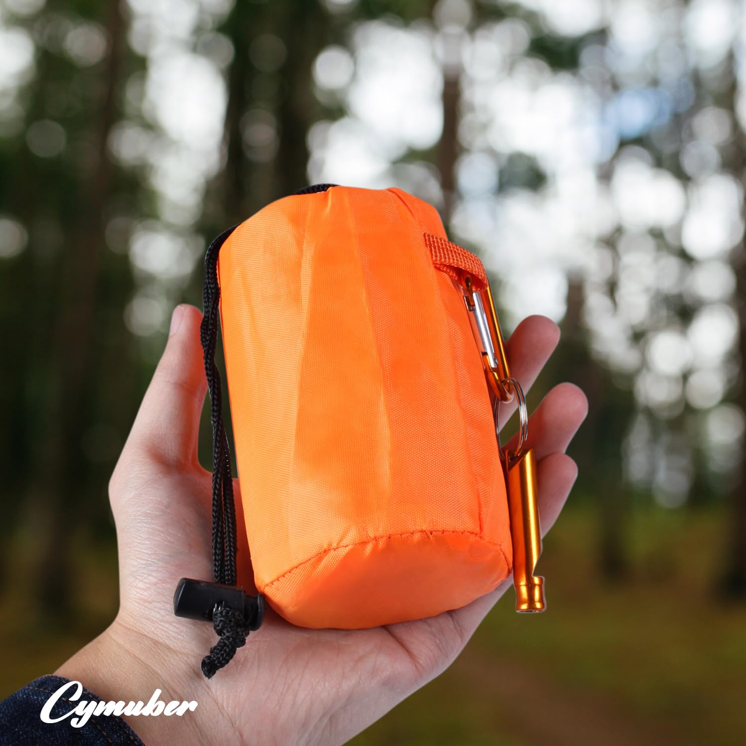 Cymuber Emergency Sleeping Bag includes carabiner and whistle for safety signaling.