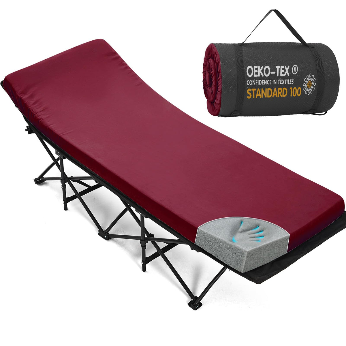 CYMULA camping cot mattress shows 2-inch memory foam for all-night cot comfort.
