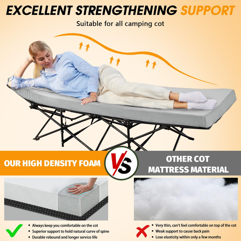 CYMULA camping cot mattress memory-foam close-up demonstrates soft contouring support.