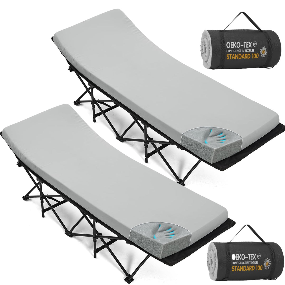 CYMULA camping cot mattress rolled for easy transport with straps.