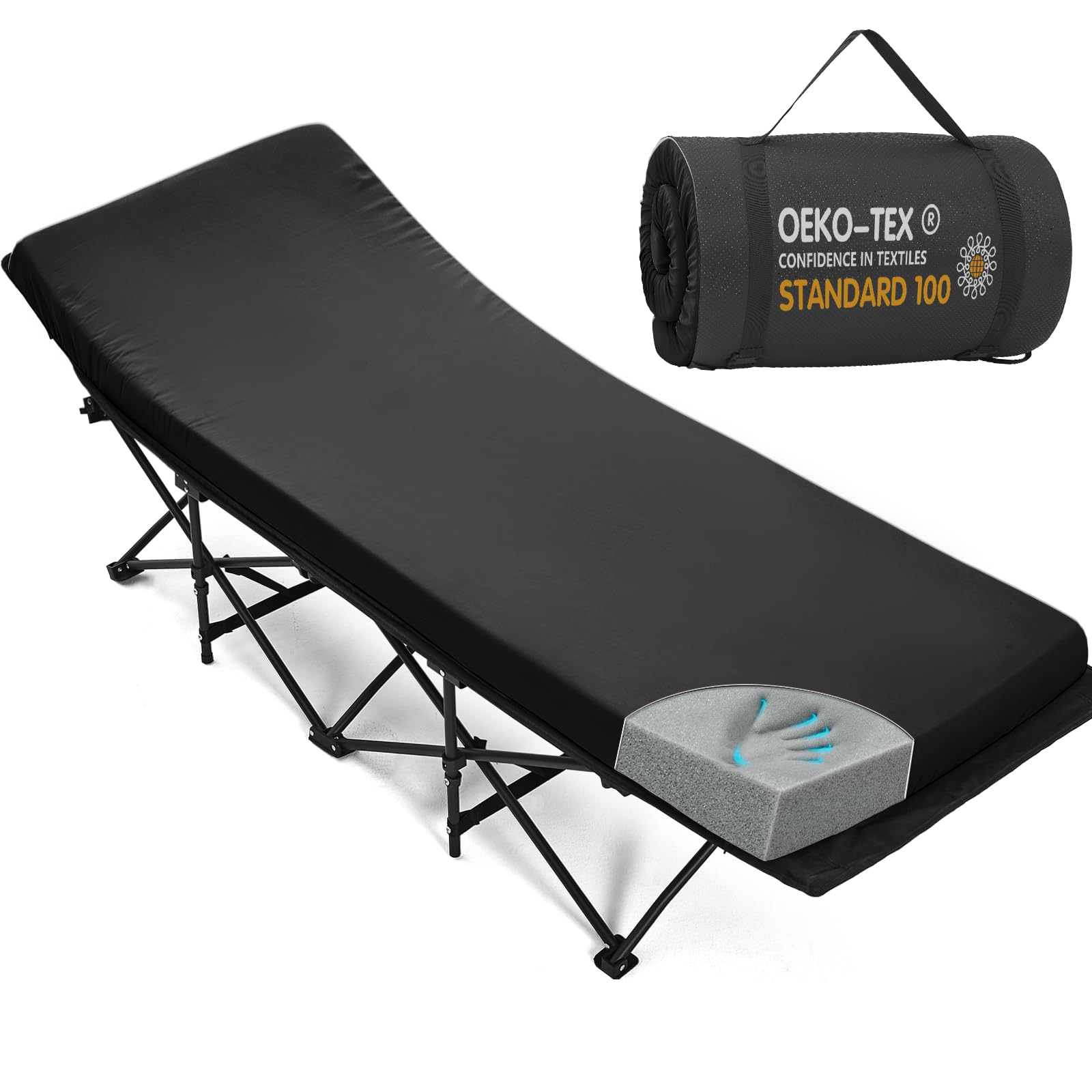 CYMULA camping cot mattress rolled for compact storage and travel convenience.
