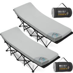 CYMULA camping cot mattress rolled for easy transport with straps.