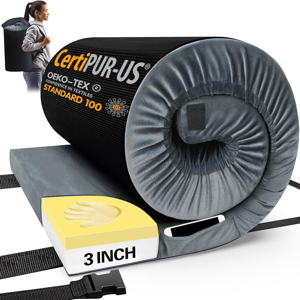 CYMULA camping mattress pad in travel bag offers portable comfort for trips.