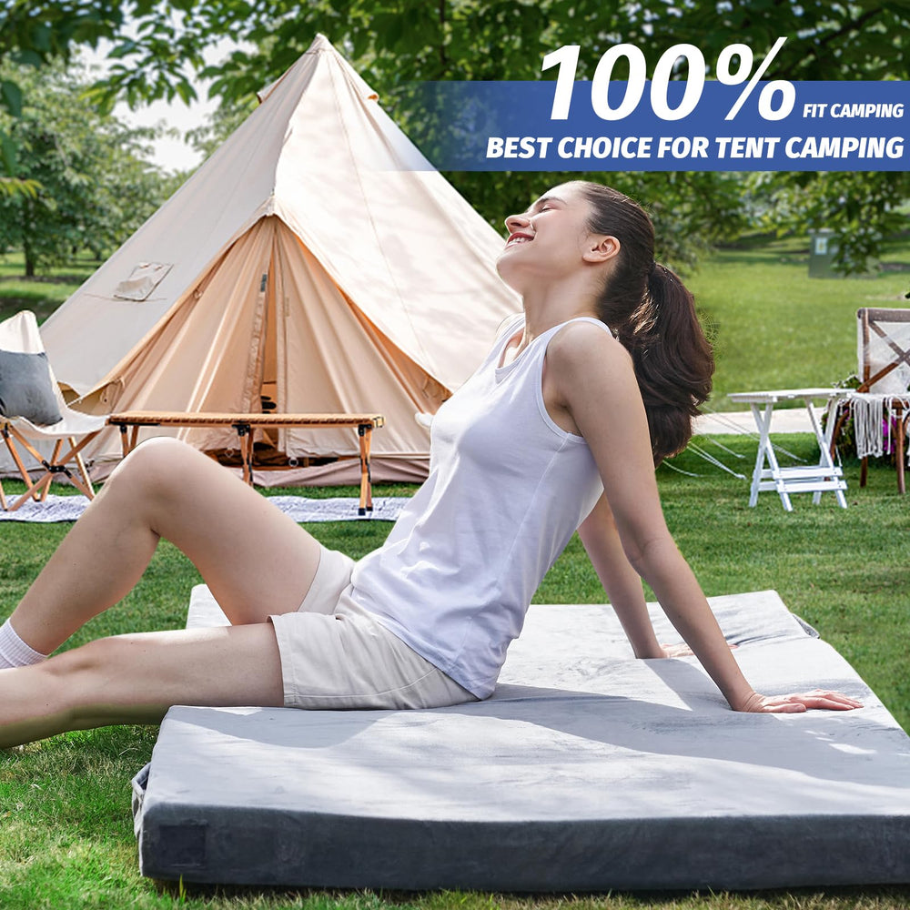 CYMULA camping mattress pad on tent floor enhances sleep away from home.