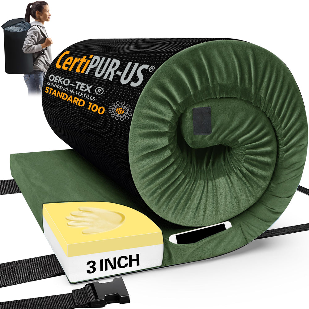 CYMULA memory foam camping mat folded in travel bag for easy portability