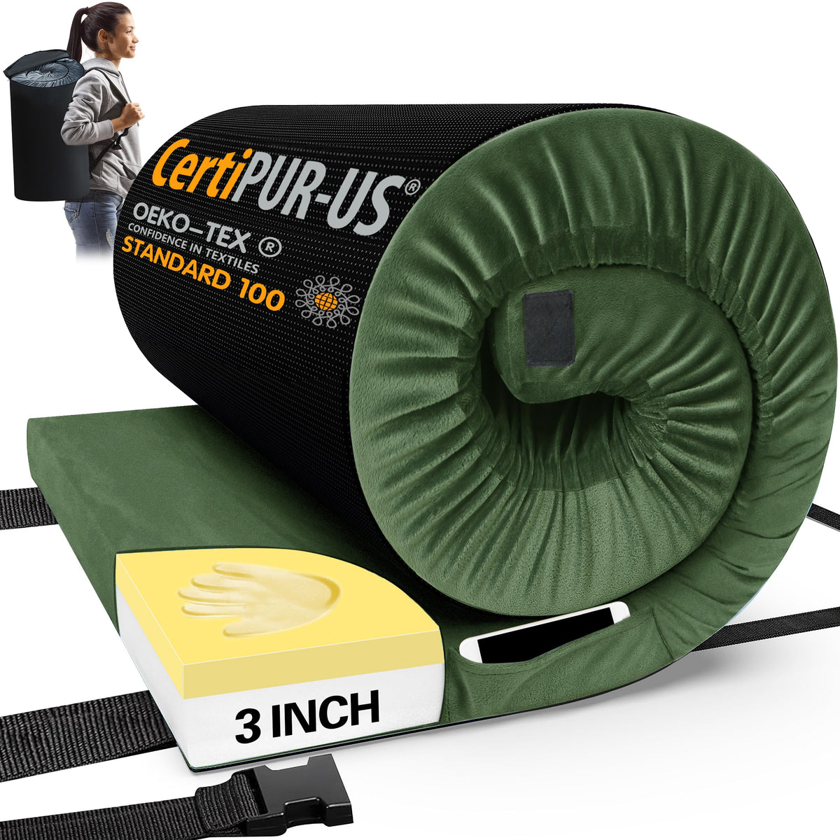CYMULA memory foam camping mat folded in travel bag for easy portability