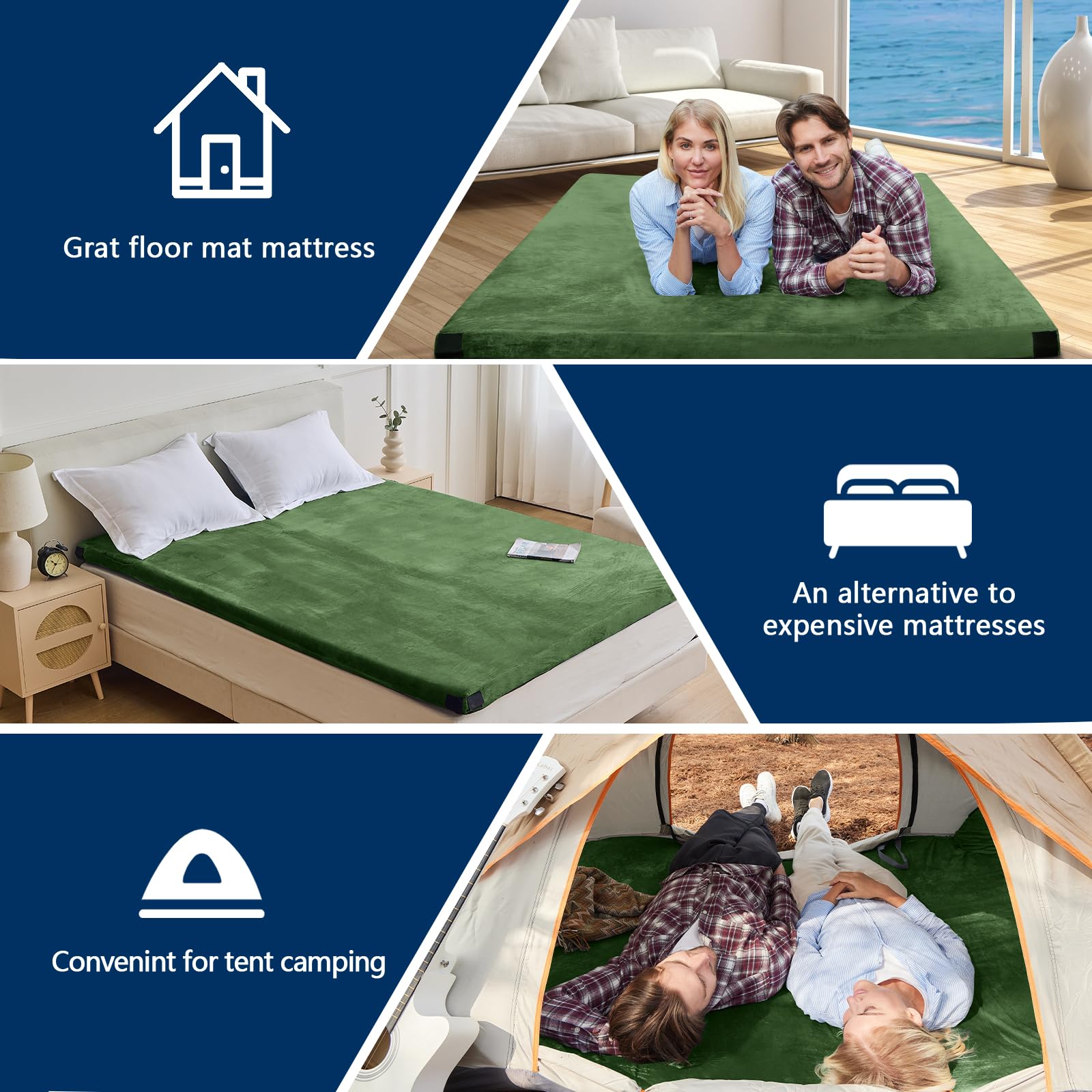 CYMULA CertiPUR-US queen memory foam camping mattress pad rolled in carrying bag for transport.