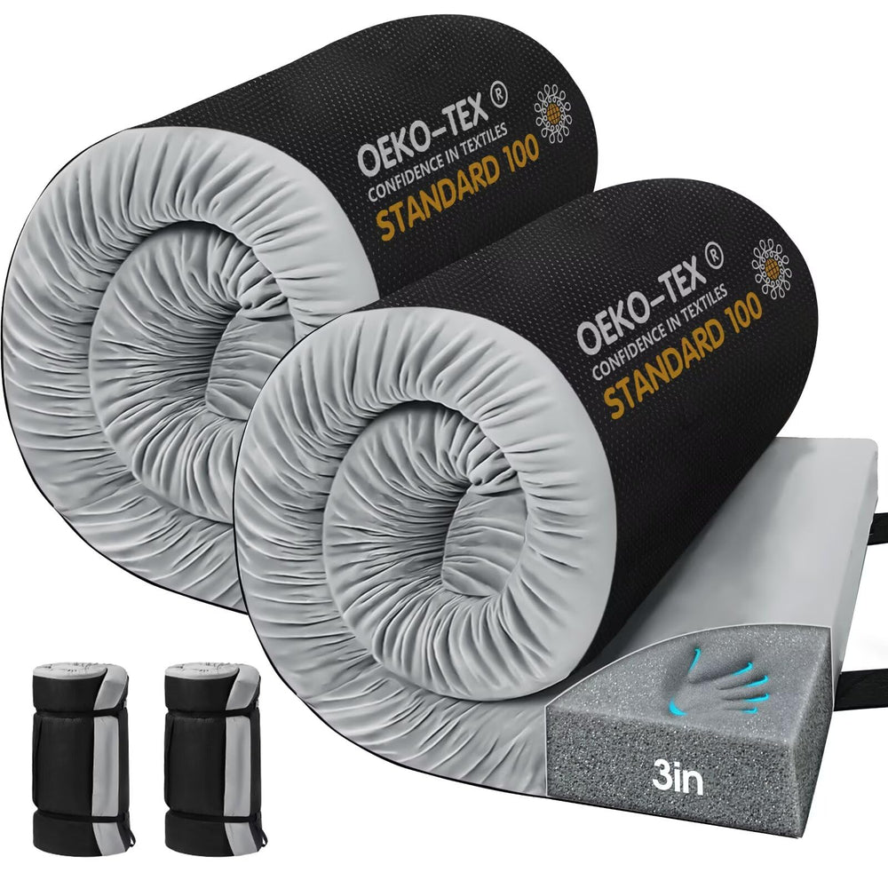 CYMULA memory foam camping mattress folded for compact transport and quick setup.