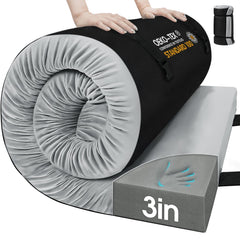 CYMULA memory foam camping mattress pad folded for storage, portable relaxation on the go.