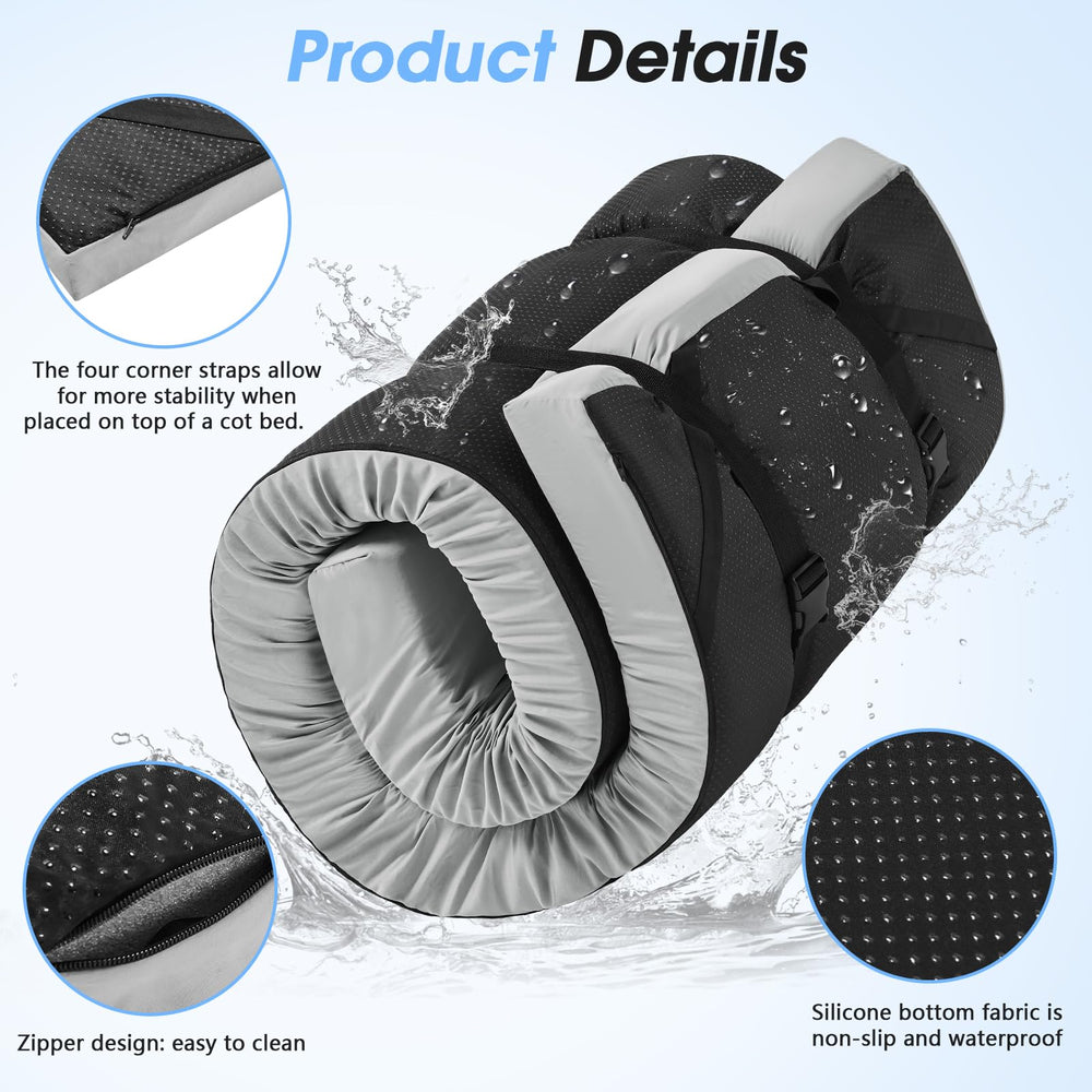 CYMULA memory foam camping mattress pad used in a tent for comfortable camping.