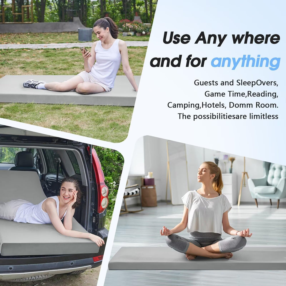 CYMULA memory foam camping mattress pad rolled for travel and fast, compact setup.