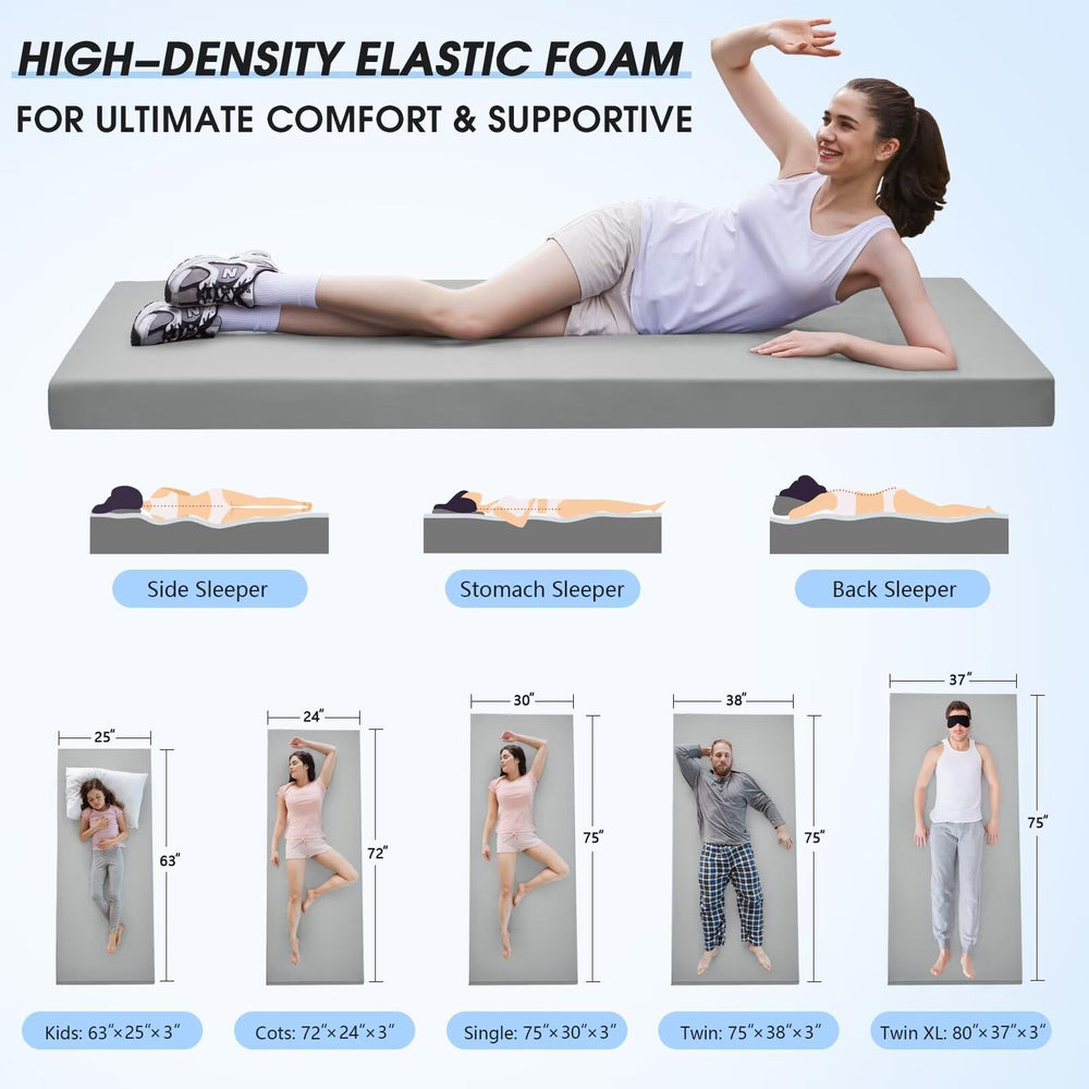 CYMULA memory foam camping mattress pad rolled for car trips and outdoor naps.