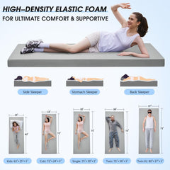 CYMULA memory foam camping mattress pad unrolled on concrete floor provides cushioned support.