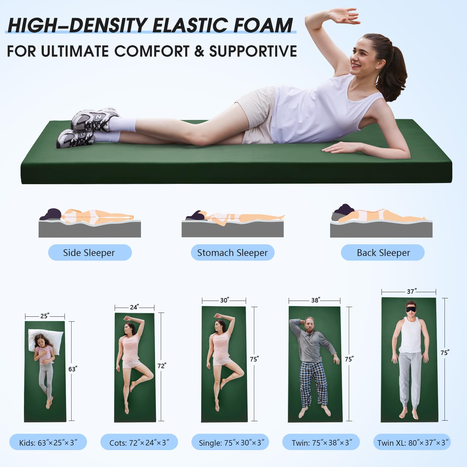 CYMULA memory foam camping mattress pad with waterproof bottom for stable setup