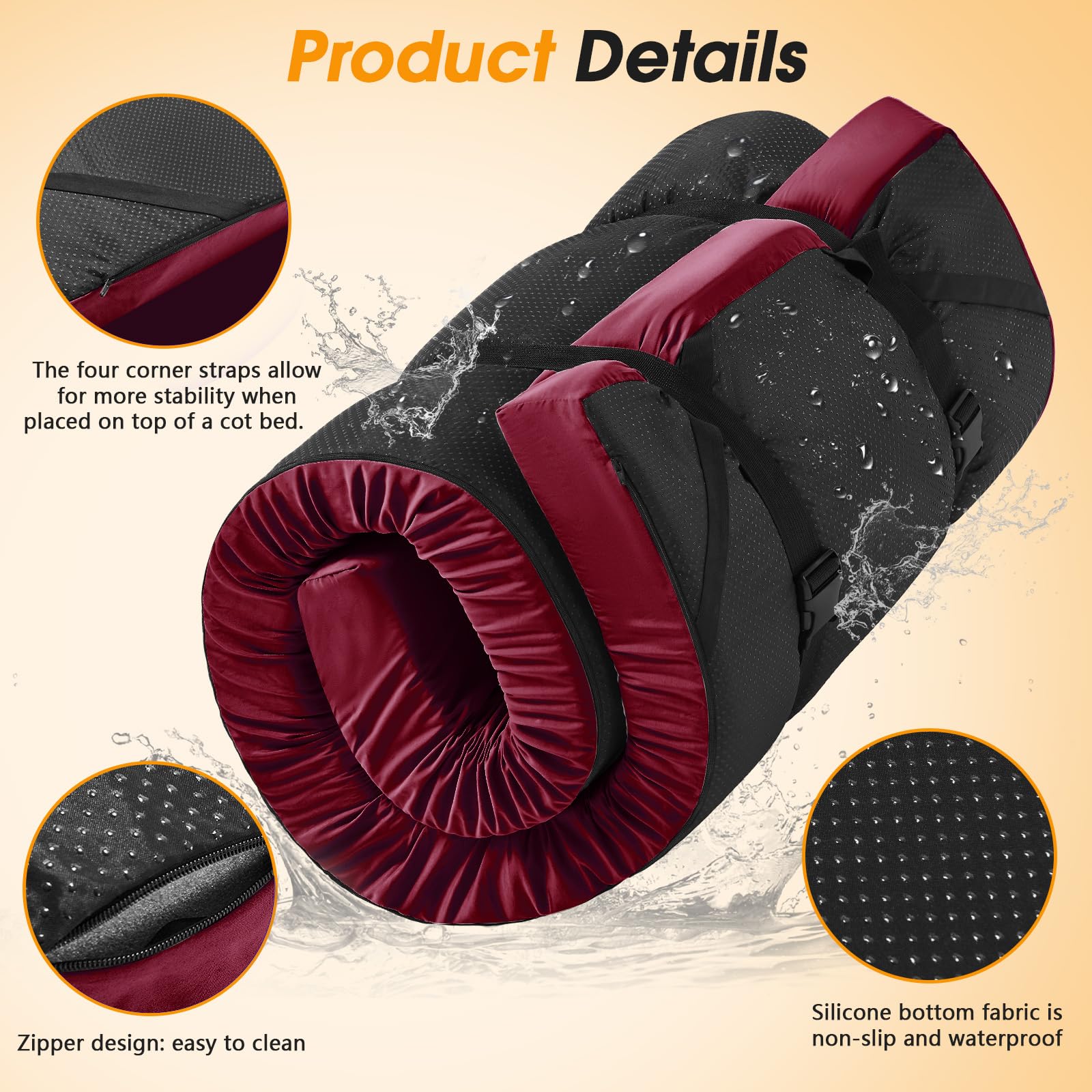 CYMULA four adjustable straps help secure mattress to camp beds.