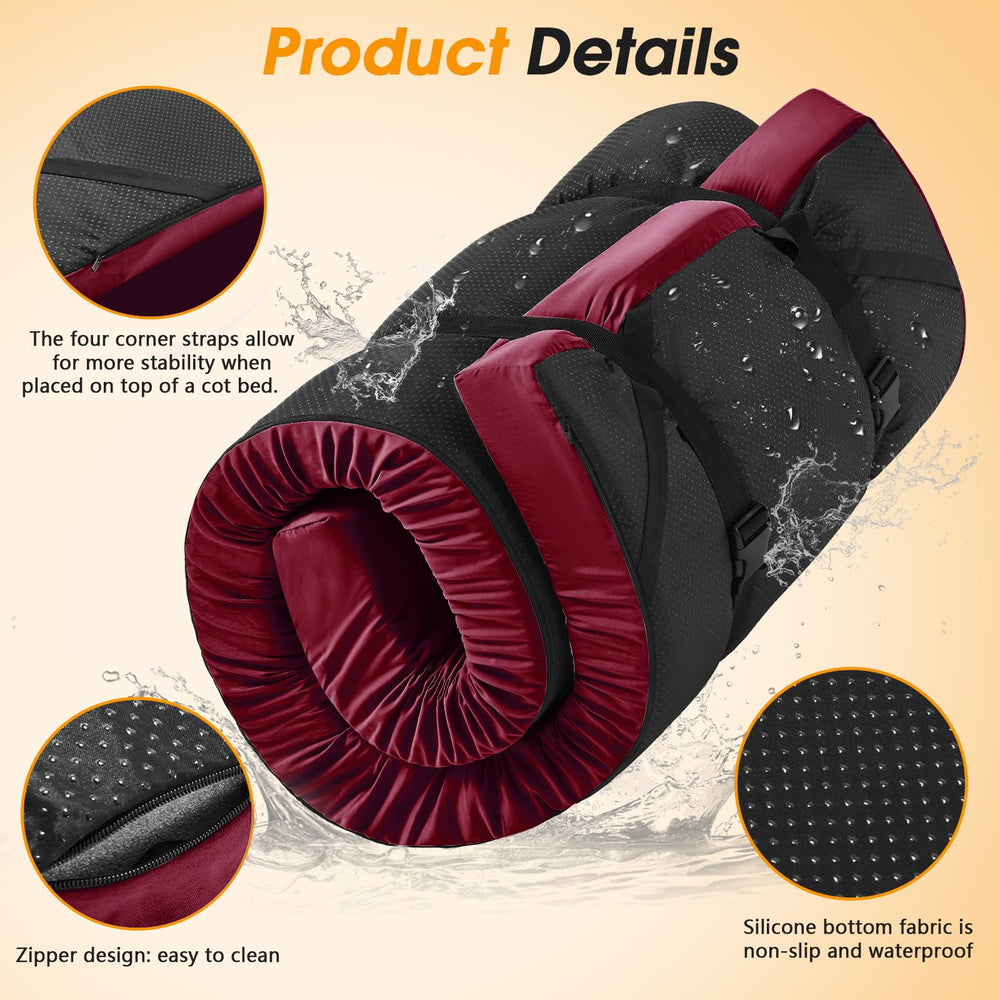 CYMULA four adjustable straps help secure mattress to camp beds.