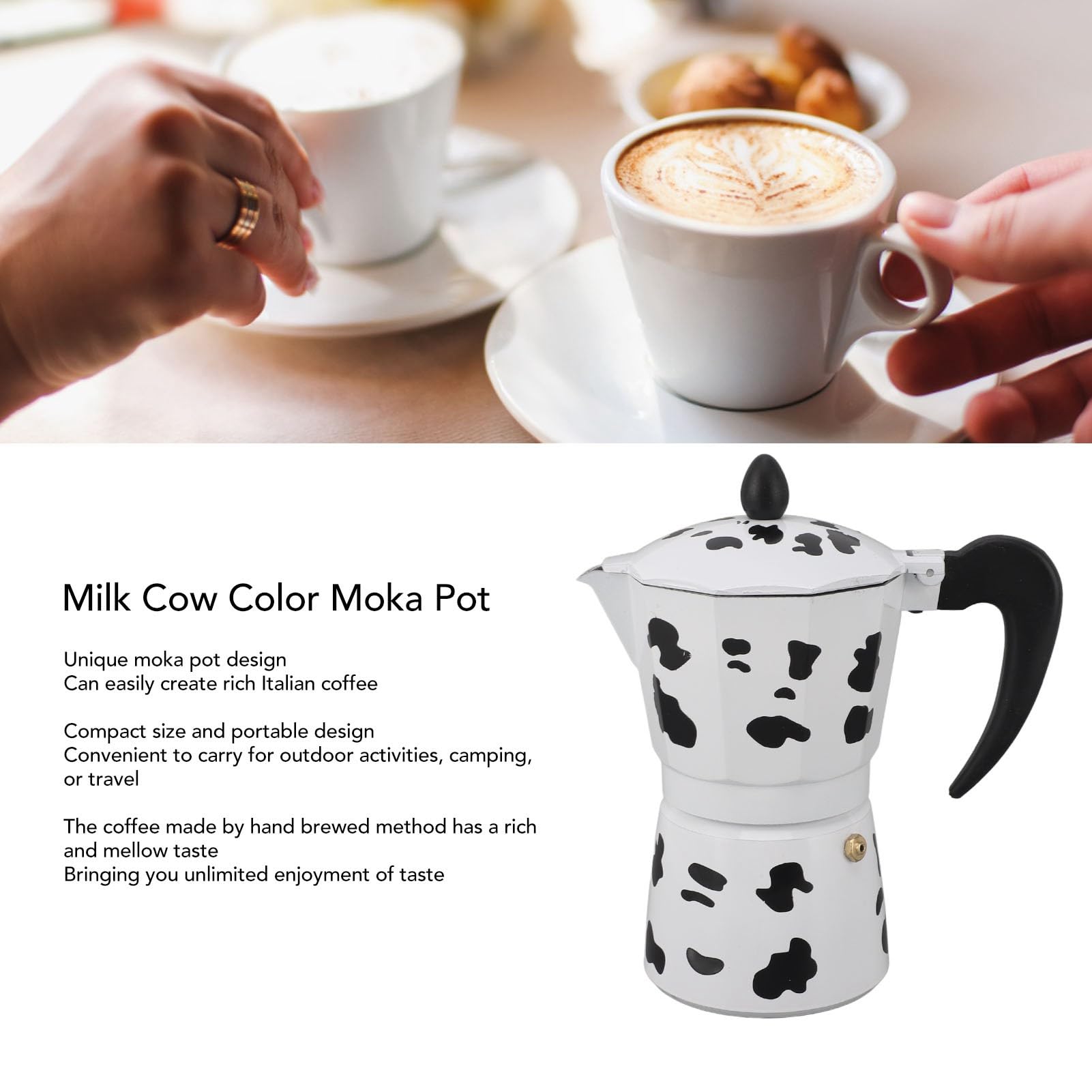 Cow-pattern Cyrank Moka Pot ready for outdoor coffee moments and style.
