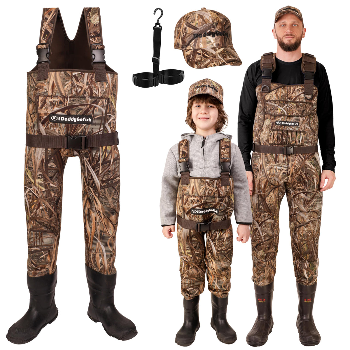 DaddyGoFish neoprene chest waders for family set enabling shared fishing adventures