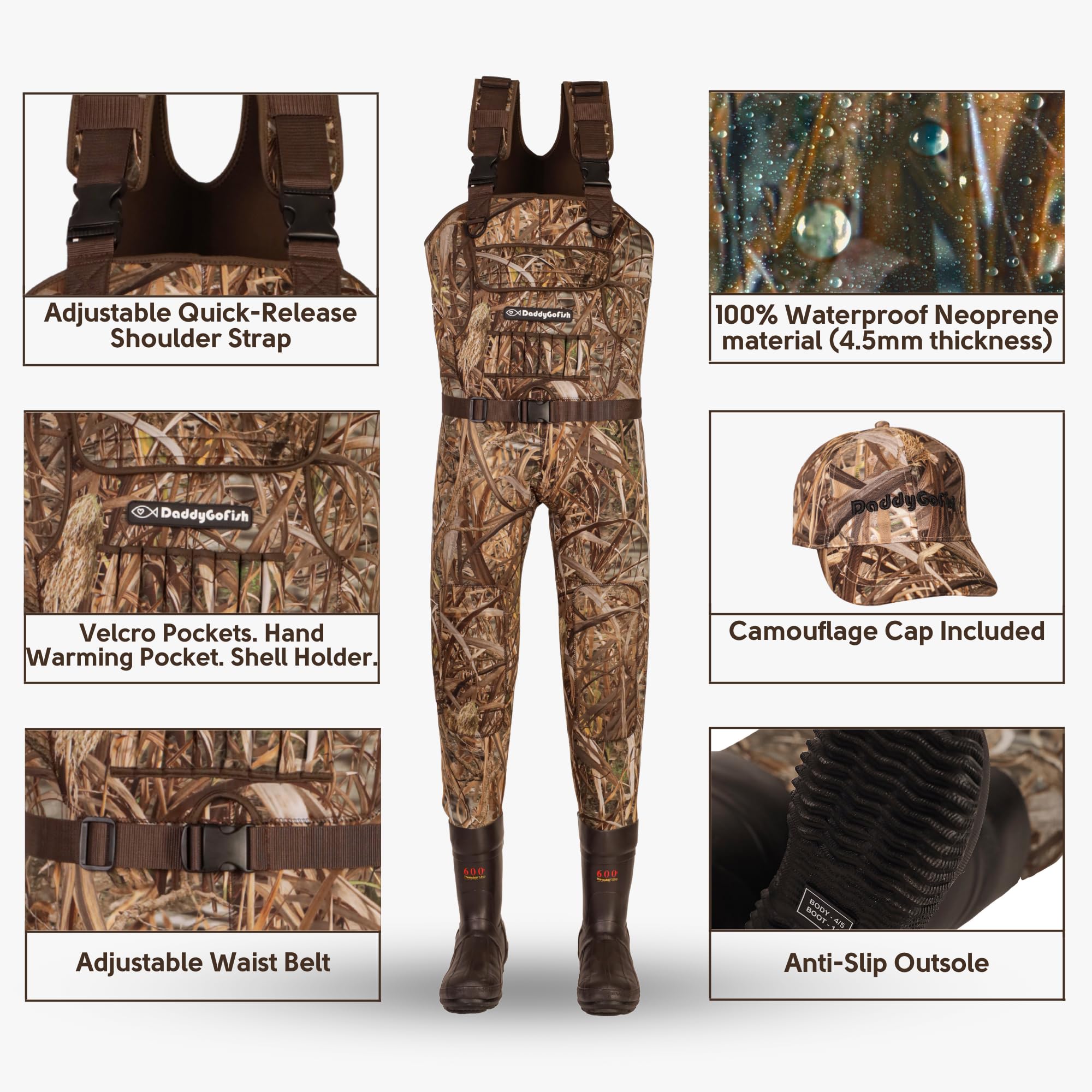 DaddyGoFish adjustable camouflage cap with logo provides secure, comfortable fit.