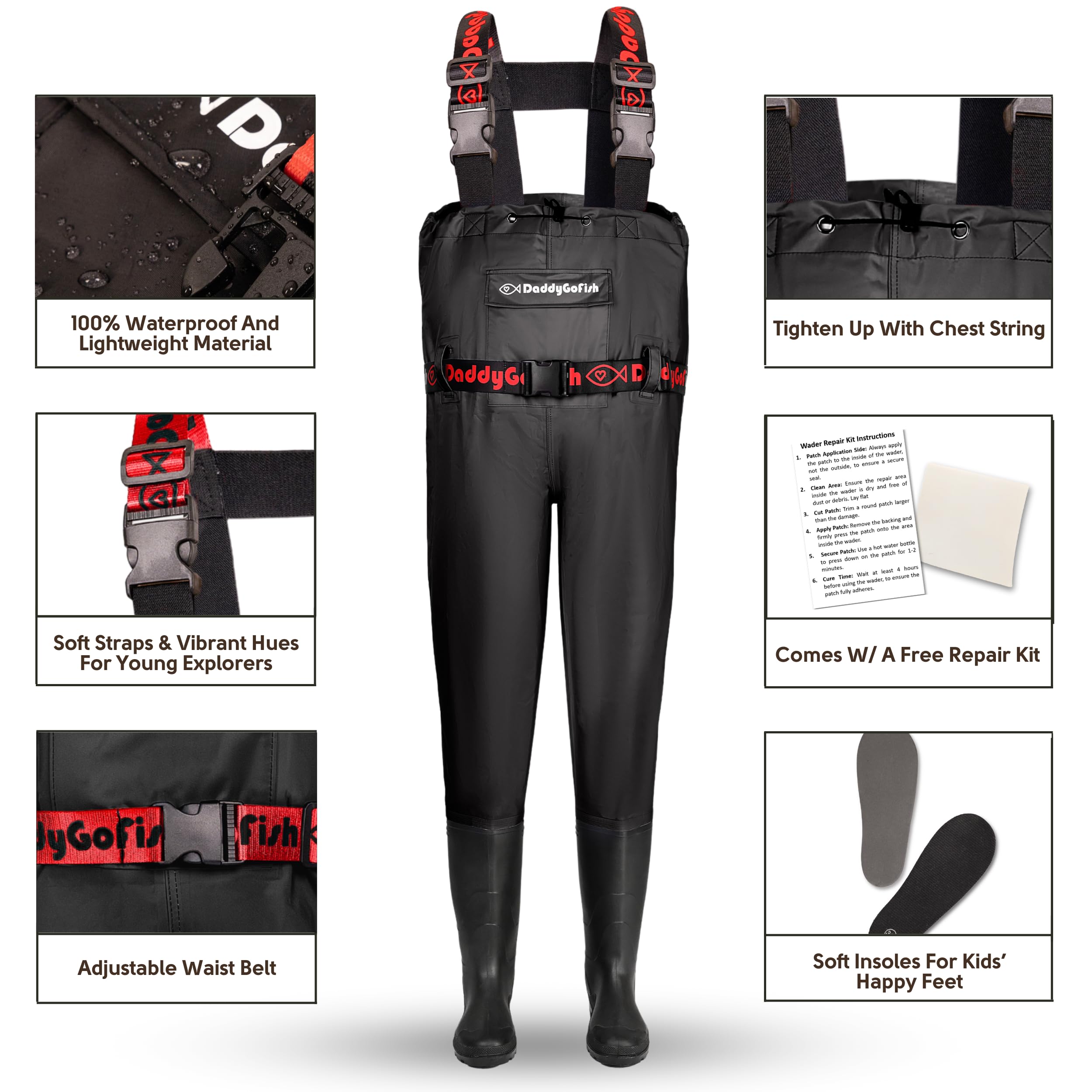 DaddyGoFish all-in-one waders with boots and chest pocket for outdoor adventures