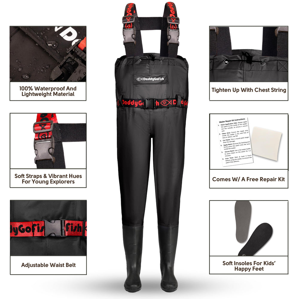 DaddyGoFish all-in-one waders with boots and chest pocket for outdoor adventures
