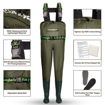 DaddyGoFish all-in-one waders provide integrated boots and pocket for easy outdoor access