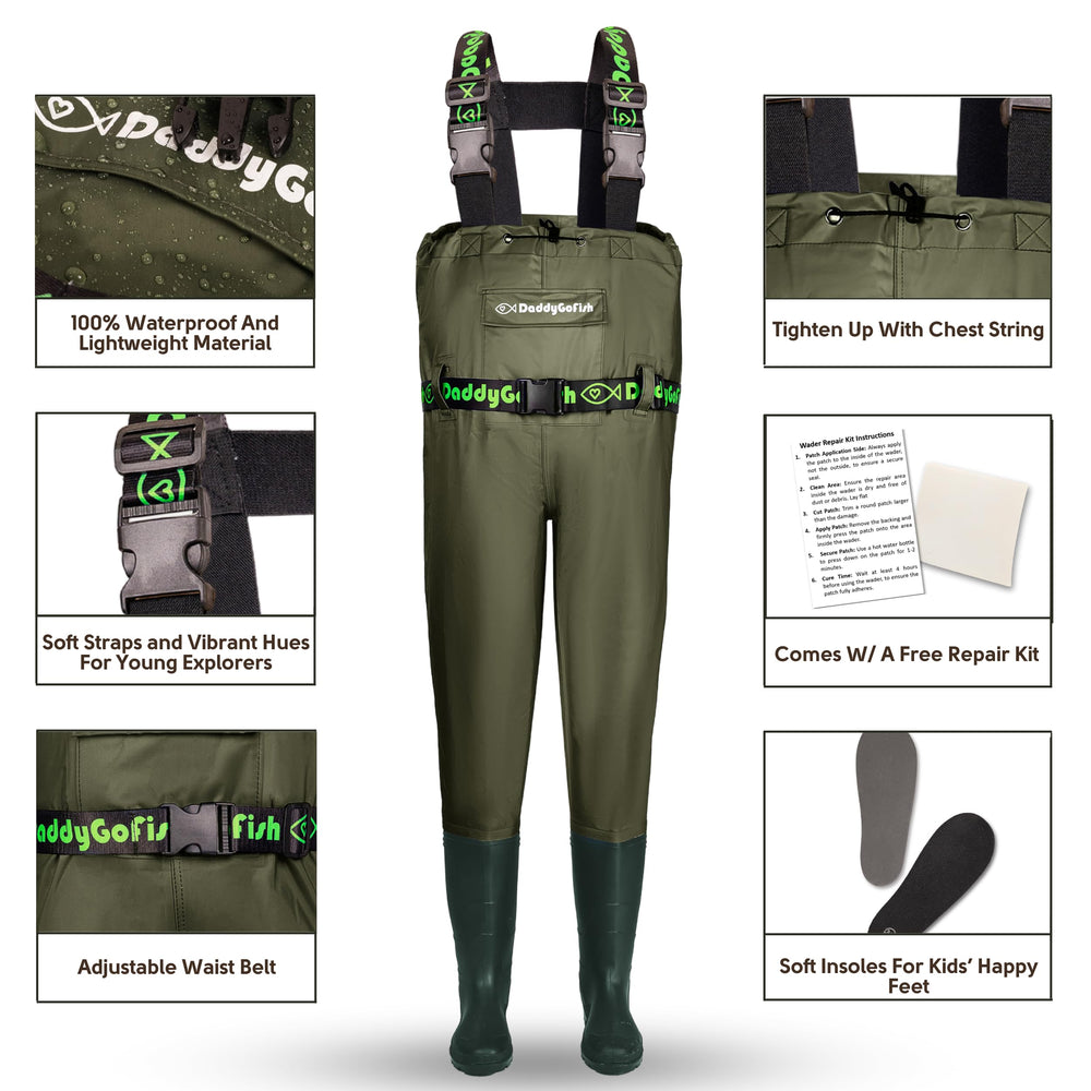 DaddyGoFish all-in-one waders provide integrated boots and pocket for easy outdoor access