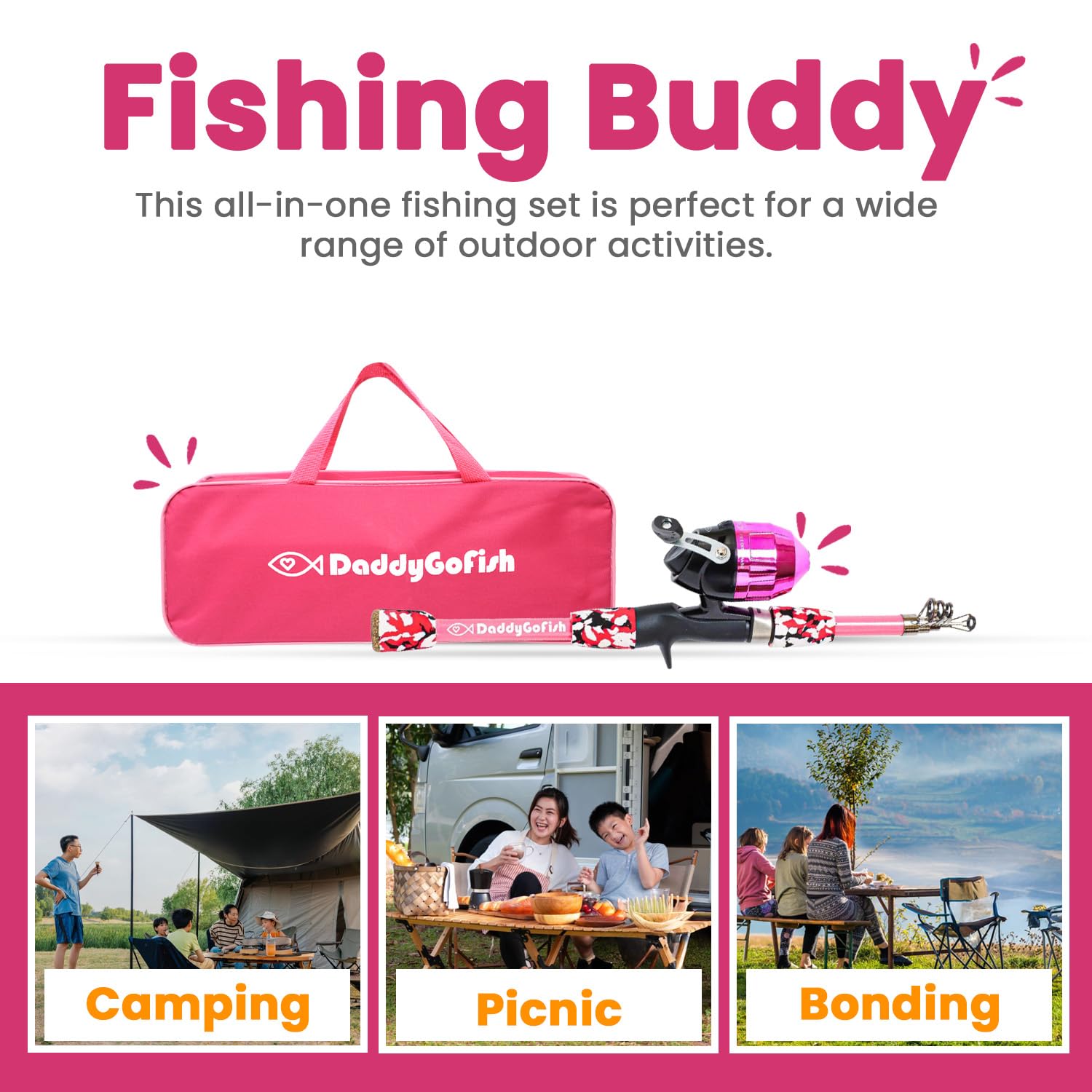 DaddyGoFish pink starter set helps young anglers learn grip and balance.