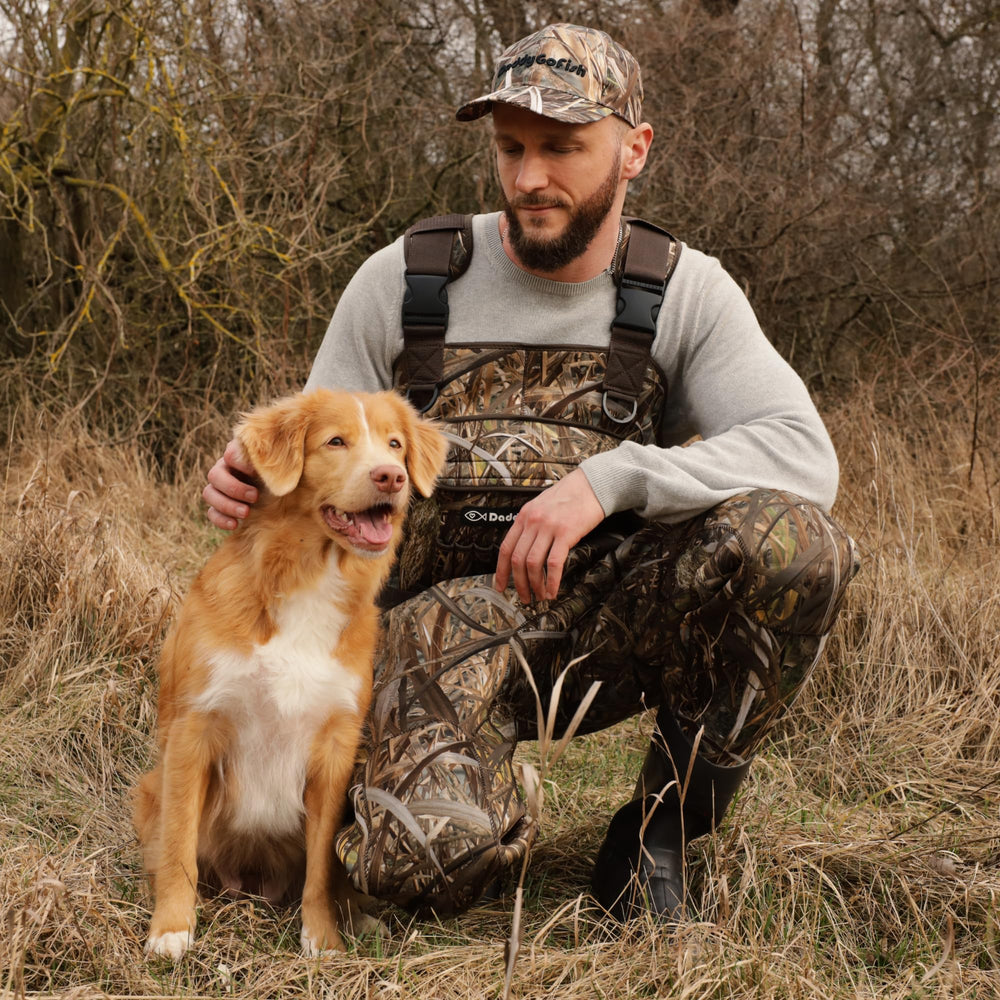 DaddyGoFish bullet storage pocket in adult wader for quick hunting access.