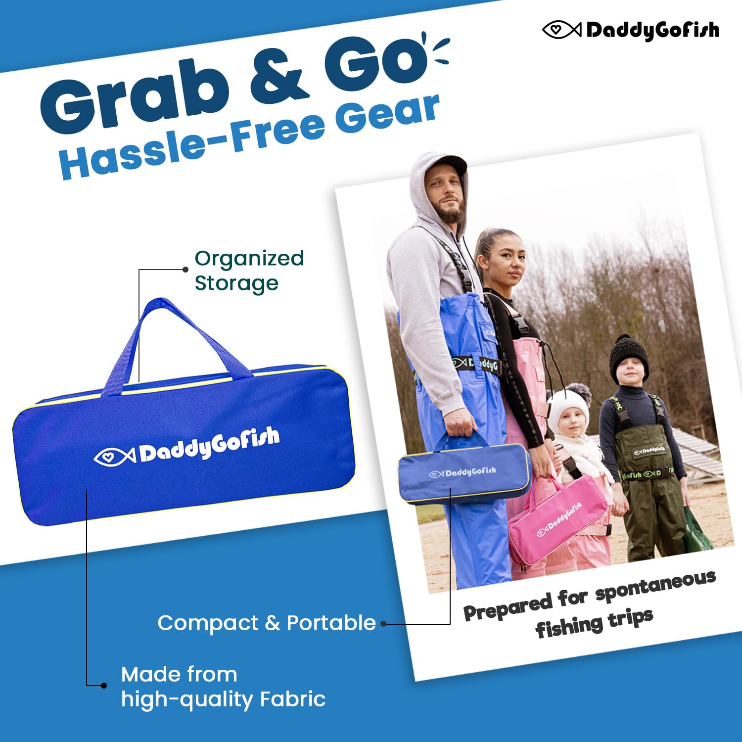 DaddyGoFish carry bag blue neatly stores gear for family outings and camping trips