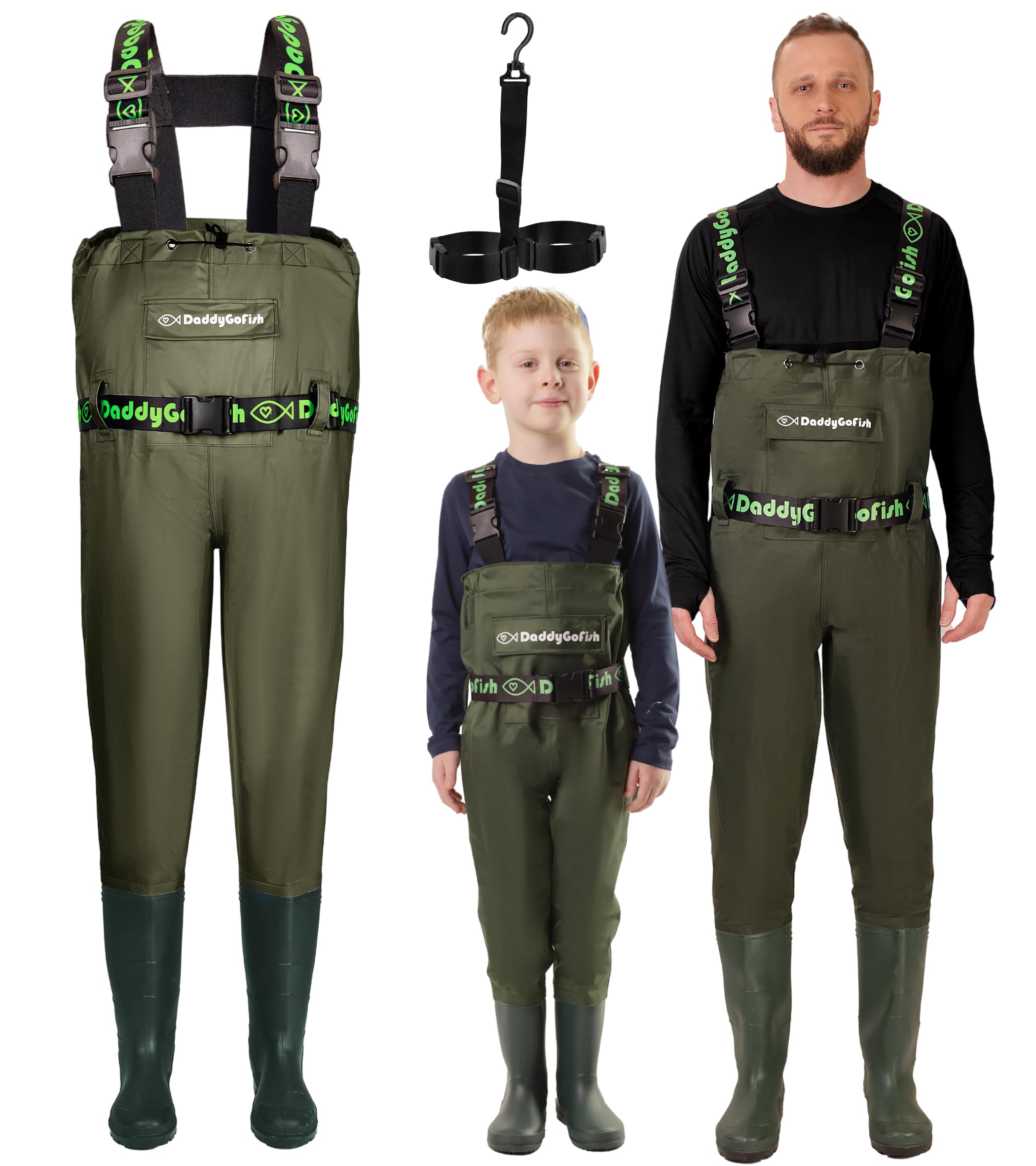 DaddyGoFish chest waders family setup demonstrate matching gear for shared fishing moments