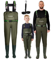 DaddyGoFish chest waders family setup demonstrate matching gear for shared fishing moments