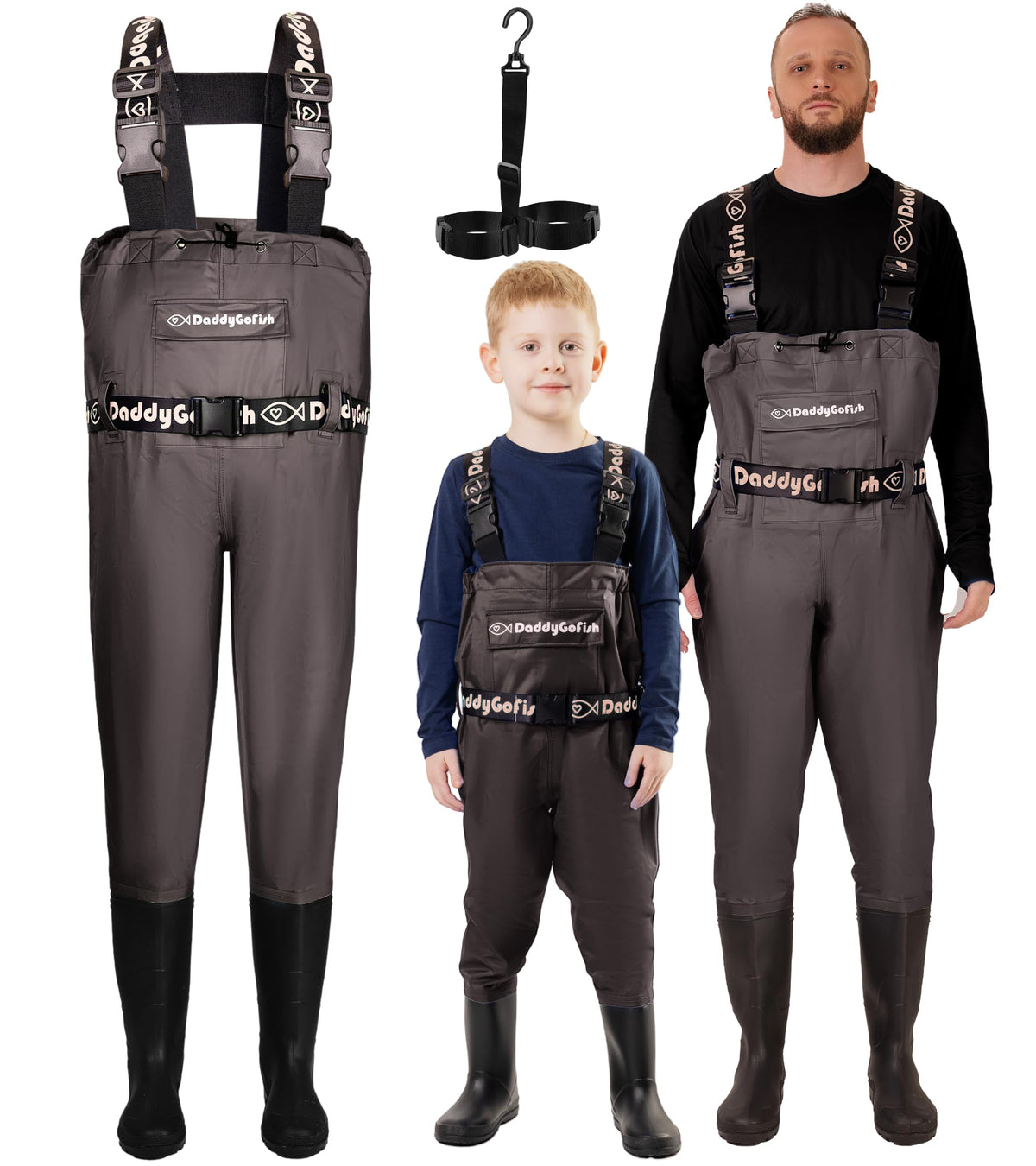 DaddyGoFish chest waders family wear show coordinated gear for bonding during lakeside fishing adventures